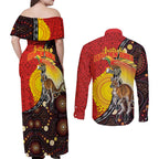 Australia and Papua New Guinea Together Couples Matching Off Shoulder Maxi Dress and Long Sleeve Button Shirt Bird-of-paradise and Kangaroo with Oro Tapa and Aboriginal Art Motifs - Aussie Hoodie