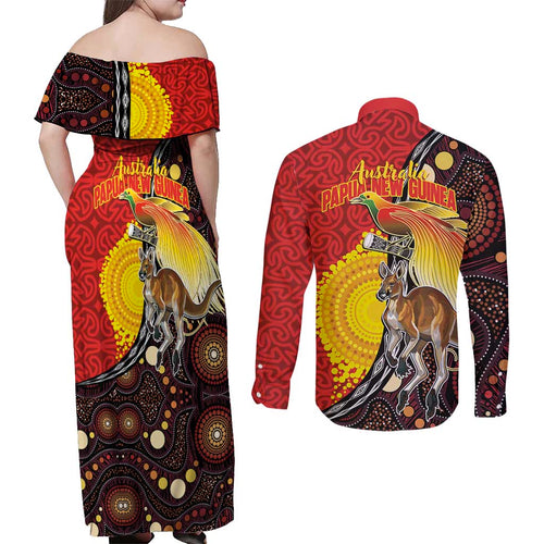Australia and Papua New Guinea Together Couples Matching Off Shoulder Maxi Dress and Long Sleeve Button Shirt Bird-of-paradise and Kangaroo with Oro Tapa and Aboriginal Art Motifs - Aussie Hoodie