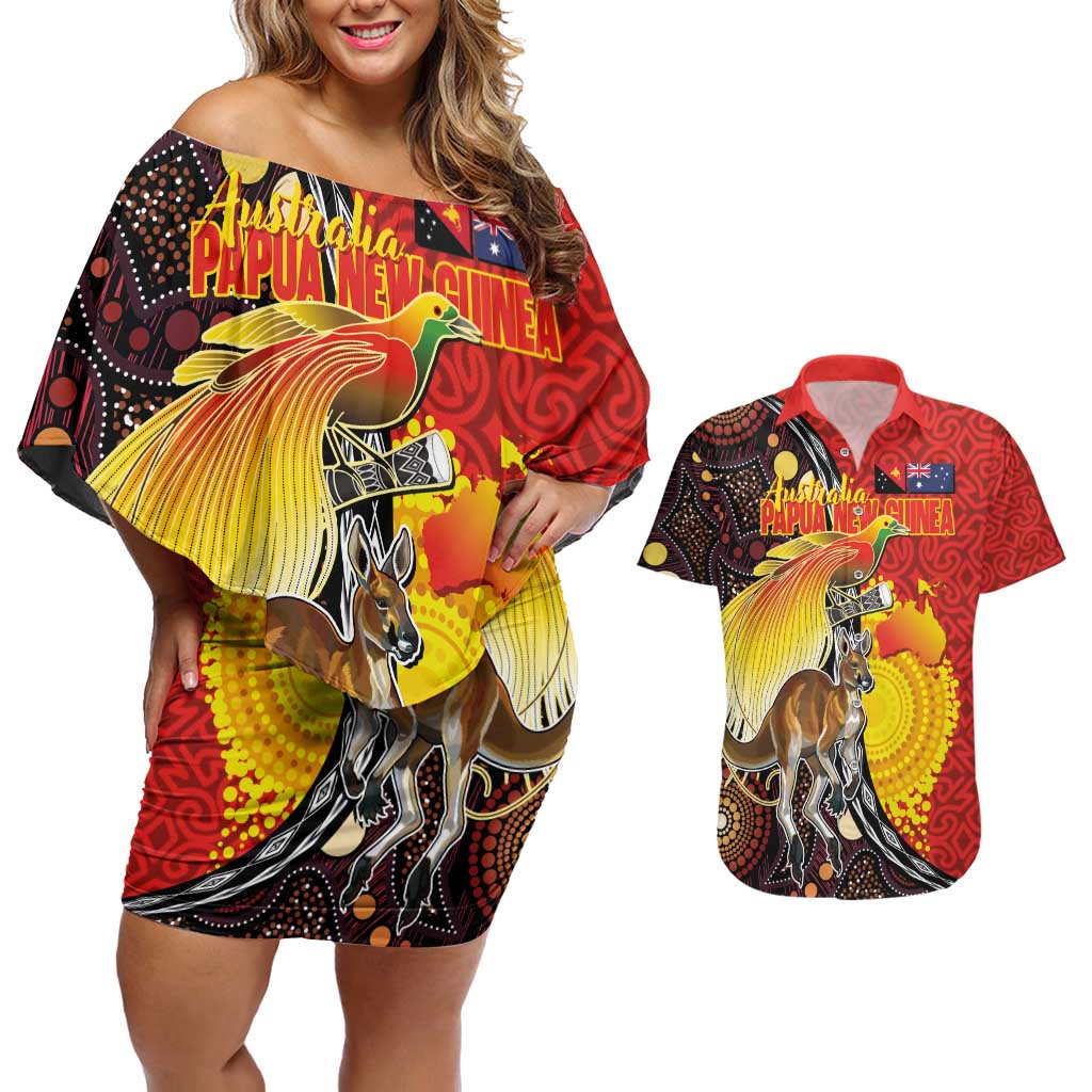 Australia and Papua New Guinea Together Couples Matching Off Shoulder Short Dress and Hawaiian Shirt Bird-of-paradise and Kangaroo with Oro Tapa and Aboriginal Art Motifs - Aussie Hoodie