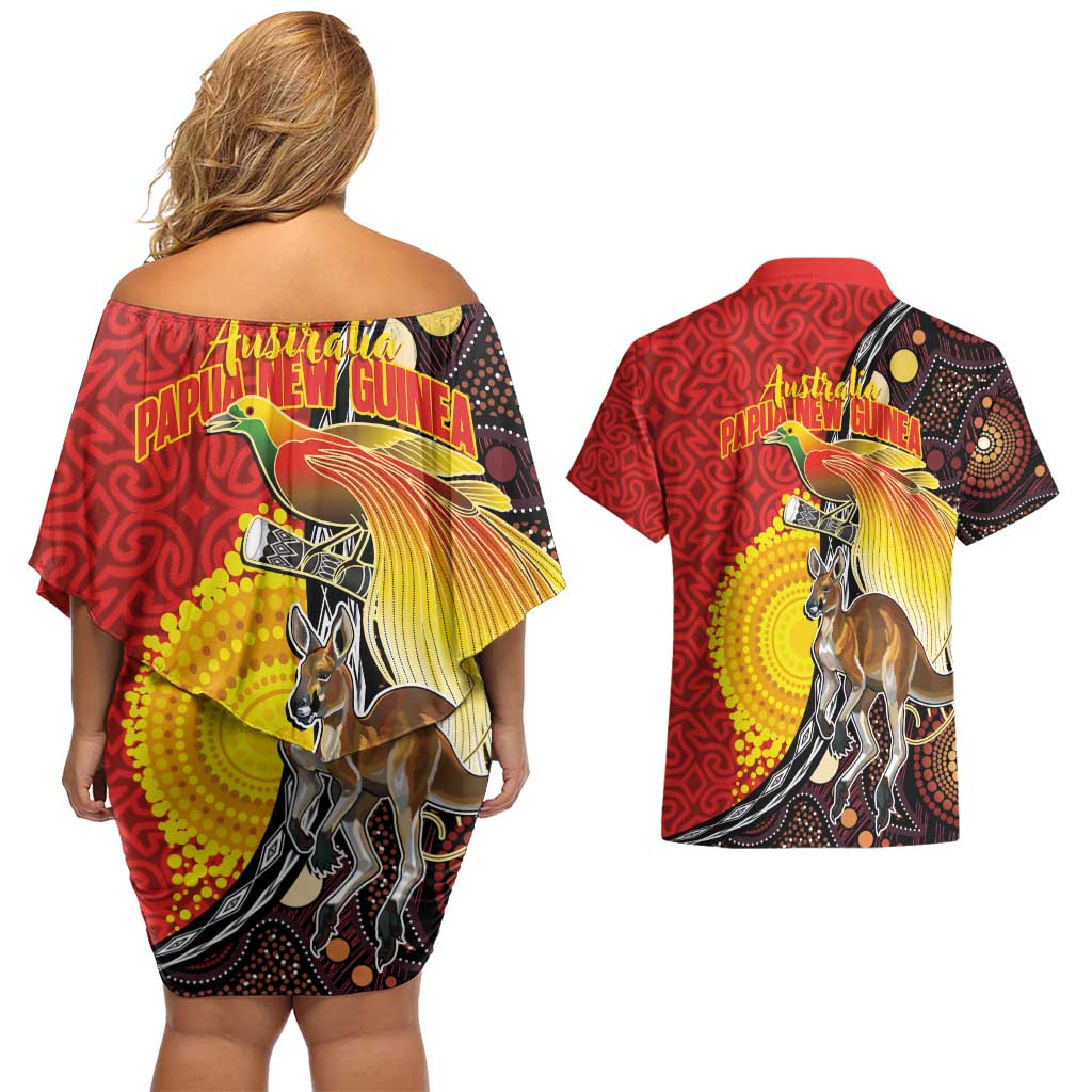 Australia and Papua New Guinea Together Couples Matching Off Shoulder Short Dress and Hawaiian Shirt Bird-of-paradise and Kangaroo with Oro Tapa and Aboriginal Art Motifs - Aussie Hoodie