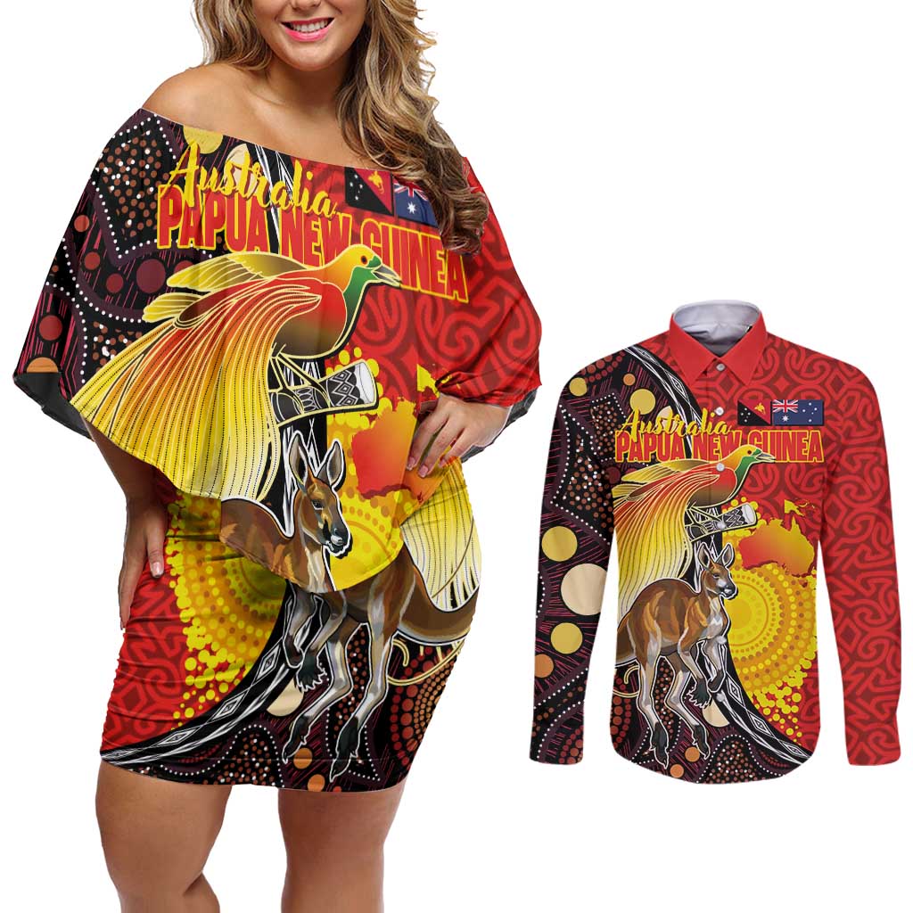 Australia and Papua New Guinea Together Couples Matching Off Shoulder Short Dress and Long Sleeve Button Shirt Bird-of-paradise and Kangaroo with Oro Tapa and Aboriginal Art Motifs - Aussie Hoodie