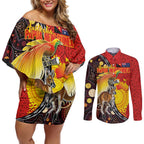 Australia and Papua New Guinea Together Couples Matching Off Shoulder Short Dress and Long Sleeve Button Shirt Bird-of-paradise and Kangaroo with Oro Tapa and Aboriginal Art Motifs - Aussie Hoodie