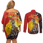 Australia and Papua New Guinea Together Couples Matching Off Shoulder Short Dress and Long Sleeve Button Shirt Bird-of-paradise and Kangaroo with Oro Tapa and Aboriginal Art Motifs - Aussie Hoodie