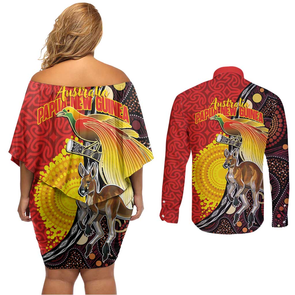 Australia and Papua New Guinea Together Couples Matching Off Shoulder Short Dress and Long Sleeve Button Shirt Bird-of-paradise and Kangaroo with Oro Tapa and Aboriginal Art Motifs - Aussie Hoodie
