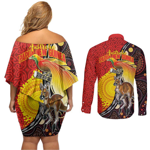 Australia and Papua New Guinea Together Couples Matching Off Shoulder Short Dress and Long Sleeve Button Shirt Bird-of-paradise and Kangaroo with Oro Tapa and Aboriginal Art Motifs - Aussie Hoodie