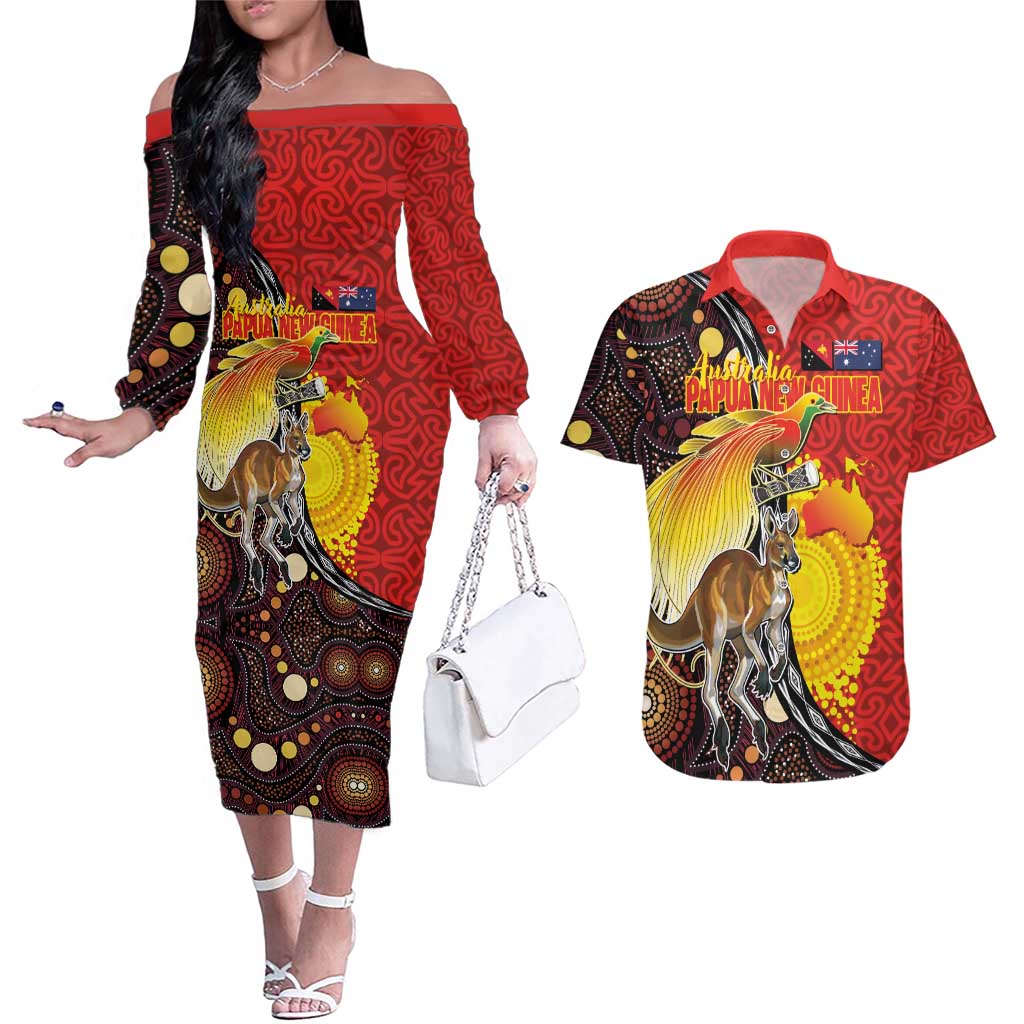 Australia and Papua New Guinea Together Couples Matching Off The Shoulder Long Sleeve Dress and Hawaiian Shirt Bird-of-paradise and Kangaroo with Oro Tapa and Aboriginal Art Motifs - Aussie Hoodie