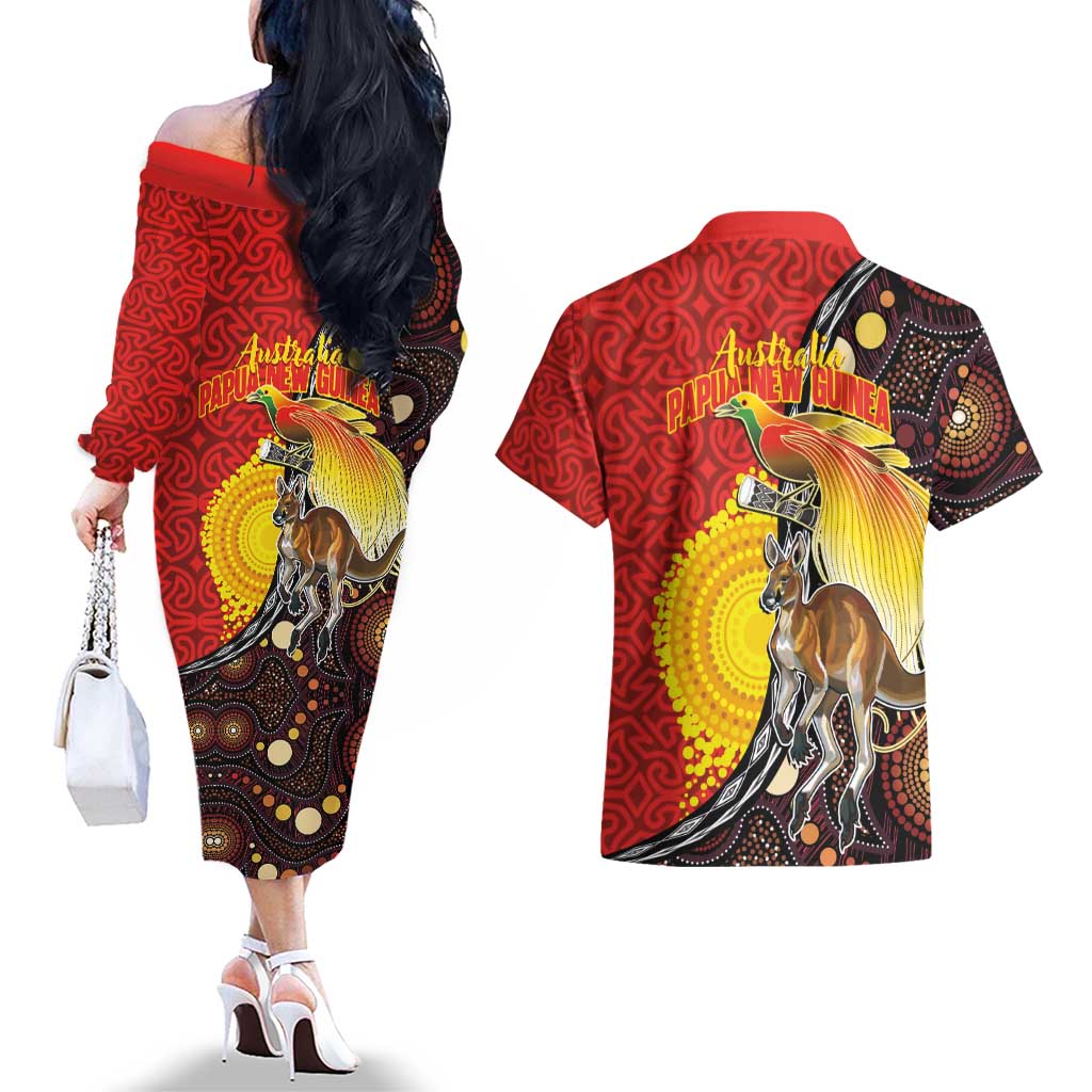 Australia and Papua New Guinea Together Couples Matching Off The Shoulder Long Sleeve Dress and Hawaiian Shirt Bird-of-paradise and Kangaroo with Oro Tapa and Aboriginal Art Motifs - Aussie Hoodie