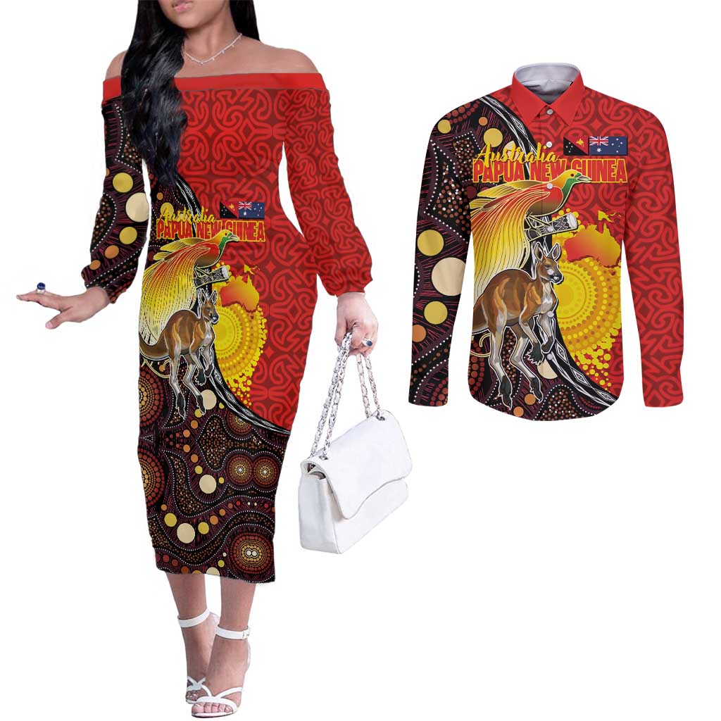 Australia and Papua New Guinea Together Couples Matching Off The Shoulder Long Sleeve Dress and Long Sleeve Button Shirt Bird-of-paradise and Kangaroo with Oro Tapa and Aboriginal Art Motifs - Aussie Hoodie