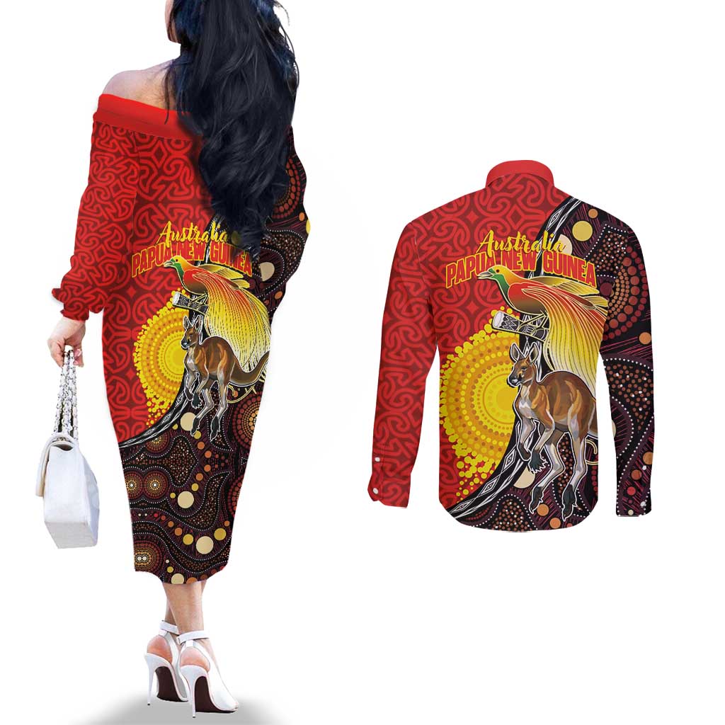 Australia and Papua New Guinea Together Couples Matching Off The Shoulder Long Sleeve Dress and Long Sleeve Button Shirt Bird-of-paradise and Kangaroo with Oro Tapa and Aboriginal Art Motifs - Aussie Hoodie