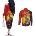 Australia and Papua New Guinea Together Couples Matching Off The Shoulder Long Sleeve Dress and Long Sleeve Button Shirt Bird-of-paradise and Kangaroo with Oro Tapa and Aboriginal Art Motifs - Aussie Hoodie