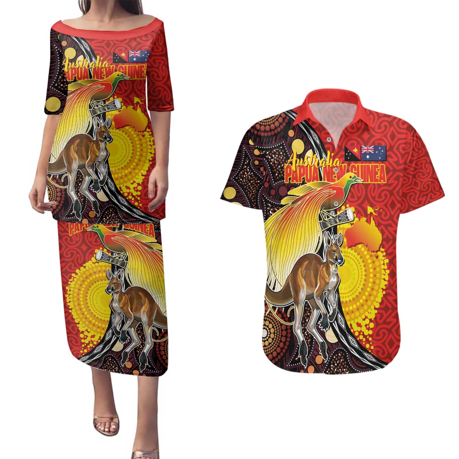 Australia and Papua New Guinea Together Couples Matching Puletasi and Hawaiian Shirt Bird-of-paradise and Kangaroo with Oro Tapa and Aboriginal Art Motifs - Aussie Hoodie