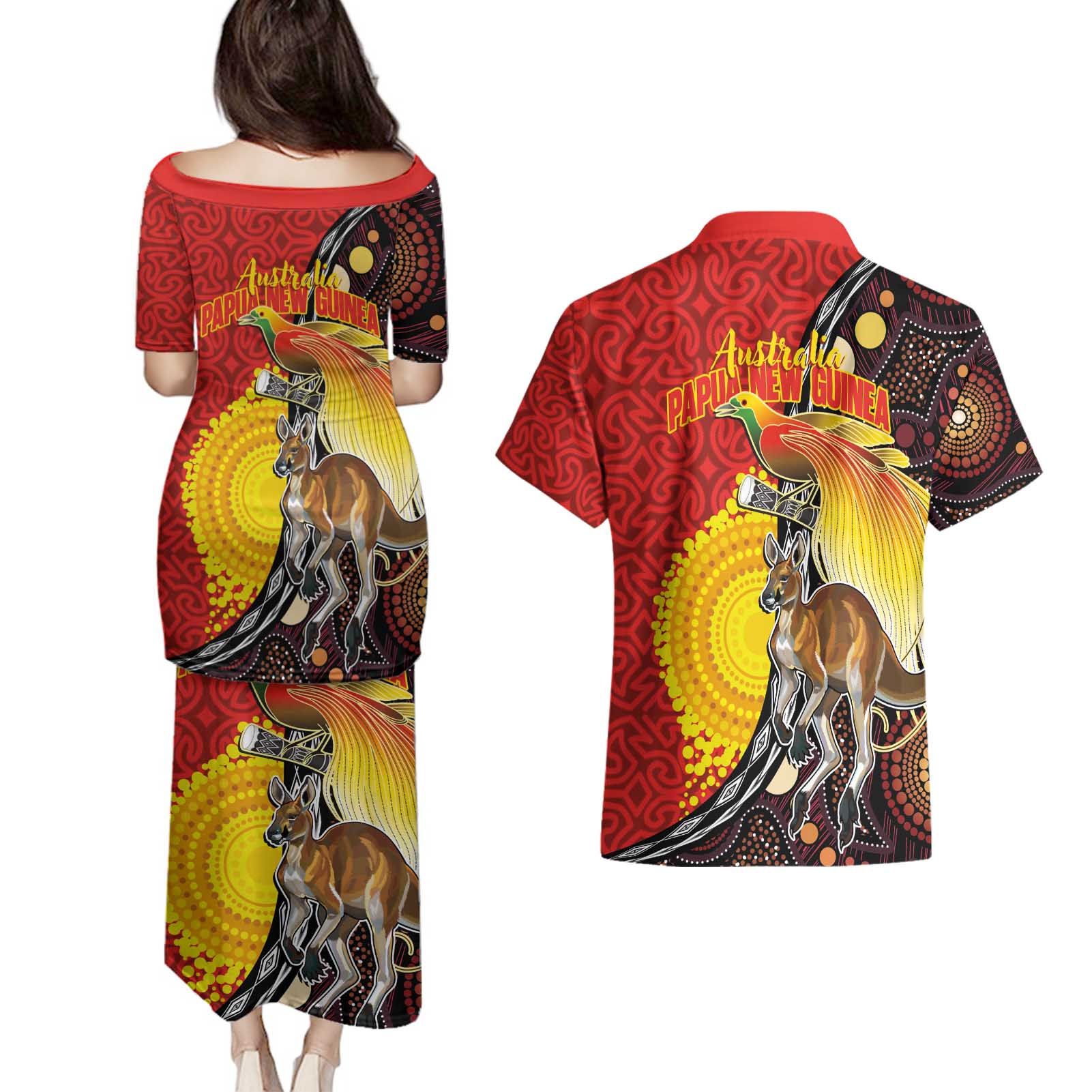 Australia and Papua New Guinea Together Couples Matching Puletasi and Hawaiian Shirt Bird-of-paradise and Kangaroo with Oro Tapa and Aboriginal Art Motifs - Aussie Hoodie