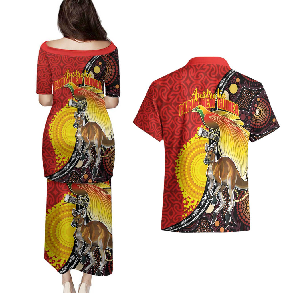 Australia and Papua New Guinea Together Couples Matching Puletasi and Hawaiian Shirt Bird-of-paradise and Kangaroo with Oro Tapa and Aboriginal Art Motifs - Aussie Hoodie