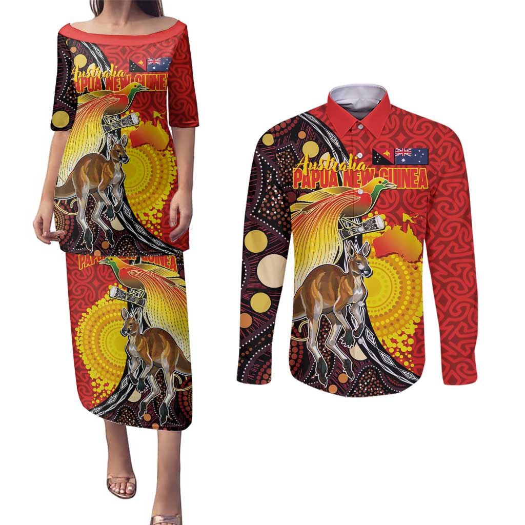 Australia and Papua New Guinea Together Couples Matching Puletasi and Long Sleeve Button Shirt Bird-of-paradise and Kangaroo with Oro Tapa and Aboriginal Art Motifs - Aussie Hoodie