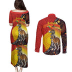 Australia and Papua New Guinea Together Couples Matching Puletasi and Long Sleeve Button Shirt Bird-of-paradise and Kangaroo with Oro Tapa and Aboriginal Art Motifs - Aussie Hoodie