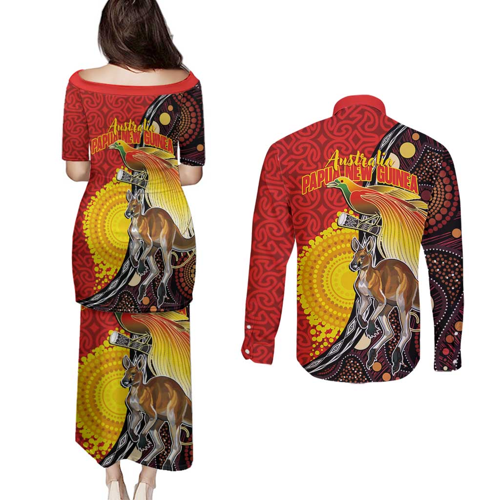Australia and Papua New Guinea Together Couples Matching Puletasi and Long Sleeve Button Shirt Bird-of-paradise and Kangaroo with Oro Tapa and Aboriginal Art Motifs - Aussie Hoodie