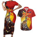 Australia and Papua New Guinea Together Couples Matching Short Sleeve Bodycon Dress and Hawaiian Shirt Bird-of-paradise and Kangaroo with Oro Tapa and Aboriginal Art Motifs - Aussie Hoodie