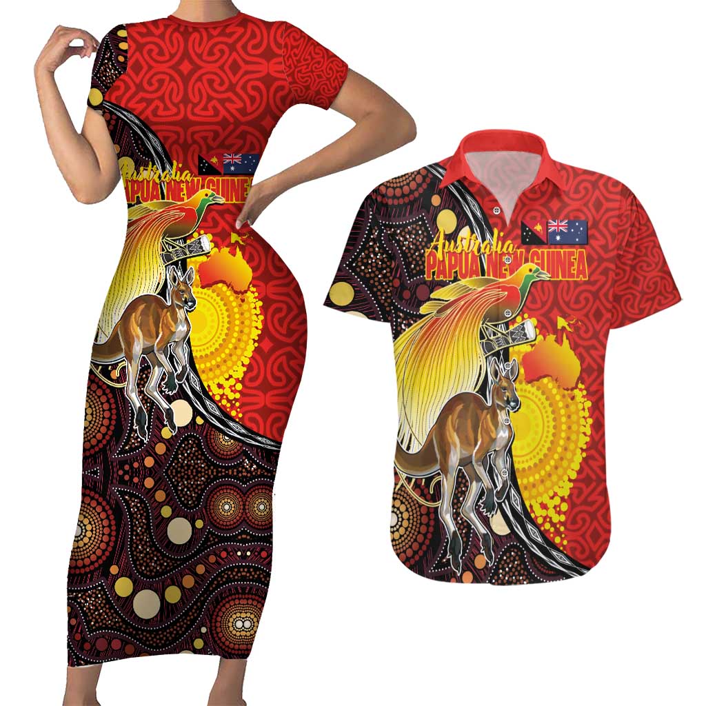 Australia and Papua New Guinea Together Couples Matching Short Sleeve Bodycon Dress and Hawaiian Shirt Bird-of-paradise and Kangaroo with Oro Tapa and Aboriginal Art Motifs - Aussie Hoodie