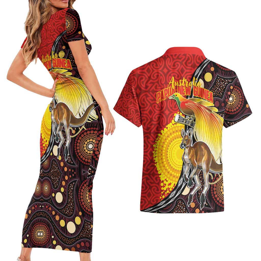 Australia and Papua New Guinea Together Couples Matching Short Sleeve Bodycon Dress and Hawaiian Shirt Bird-of-paradise and Kangaroo with Oro Tapa and Aboriginal Art Motifs - Aussie Hoodie