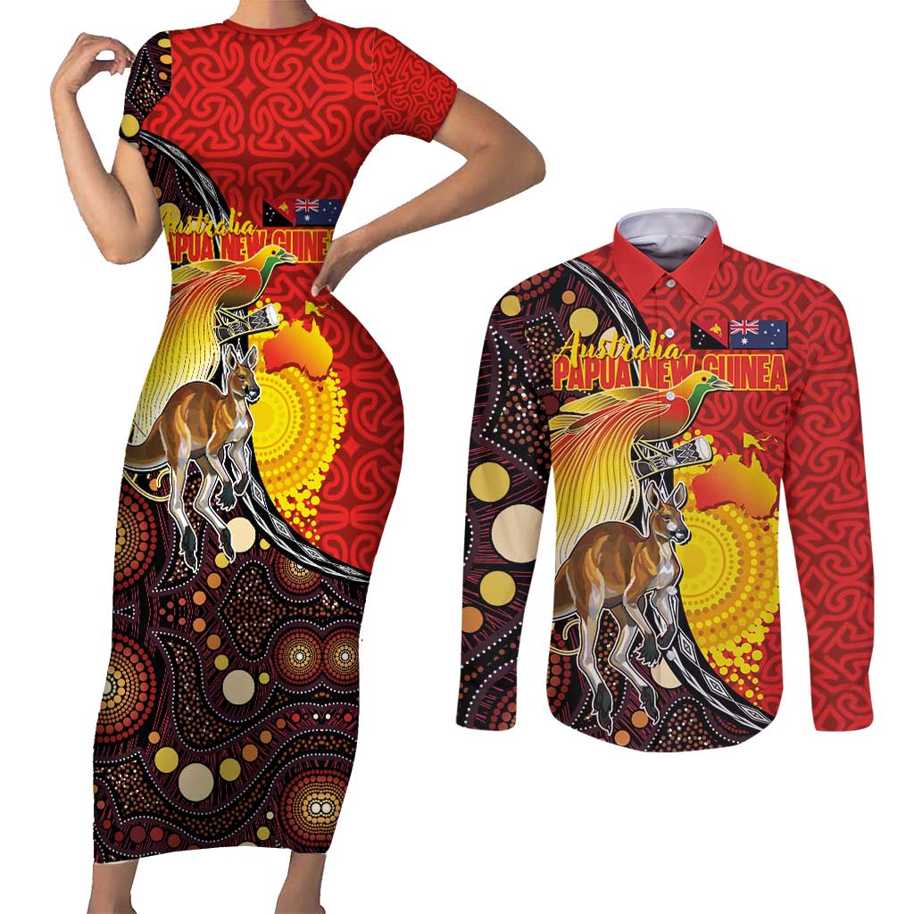Australia and Papua New Guinea Together Couples Matching Short Sleeve Bodycon Dress and Long Sleeve Button Shirt Bird-of-paradise and Kangaroo with Oro Tapa and Aboriginal Art Motifs - Aussie Hoodie