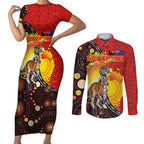 Australia and Papua New Guinea Together Couples Matching Short Sleeve Bodycon Dress and Long Sleeve Button Shirt Bird-of-paradise and Kangaroo with Oro Tapa and Aboriginal Art Motifs - Aussie Hoodie