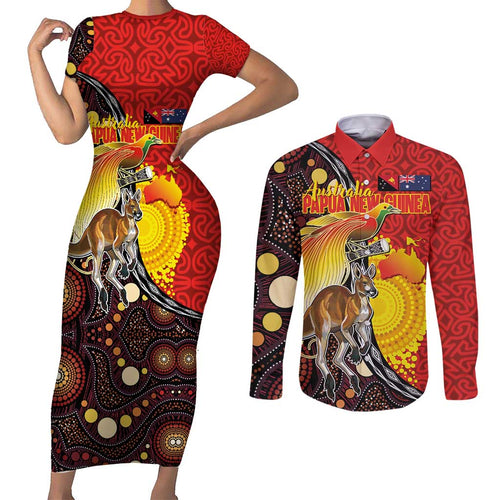Australia and Papua New Guinea Together Couples Matching Short Sleeve Bodycon Dress and Long Sleeve Button Shirt Bird-of-paradise and Kangaroo with Oro Tapa and Aboriginal Art Motifs - Aussie Hoodie