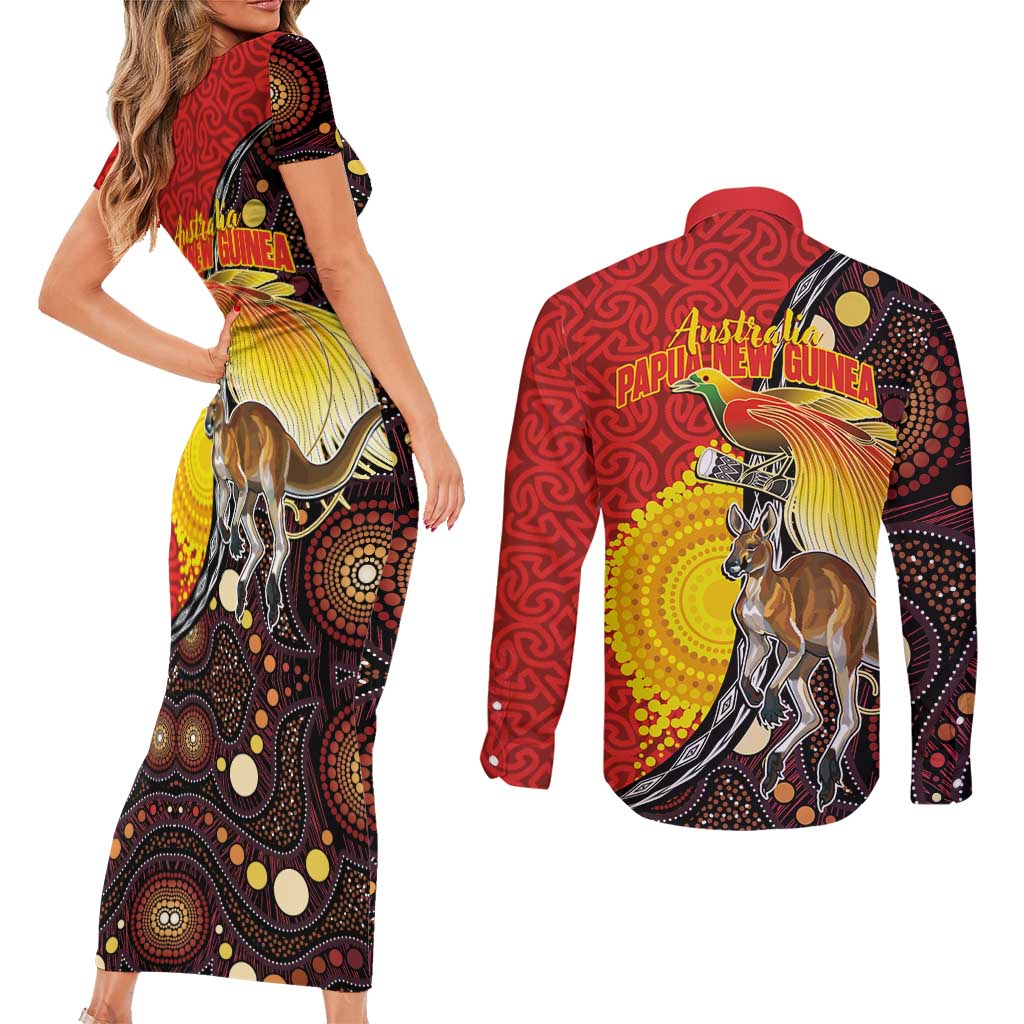 Australia and Papua New Guinea Together Couples Matching Short Sleeve Bodycon Dress and Long Sleeve Button Shirt Bird-of-paradise and Kangaroo with Oro Tapa and Aboriginal Art Motifs - Aussie Hoodie