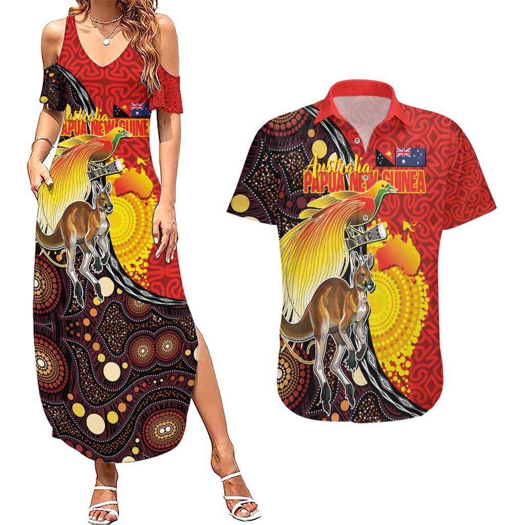 Australia and Papua New Guinea Together Couples Matching Summer Maxi Dress and Hawaiian Shirt Bird-of-paradise and Kangaroo with Oro Tapa and Aboriginal Art Motifs - Aussie Hoodie