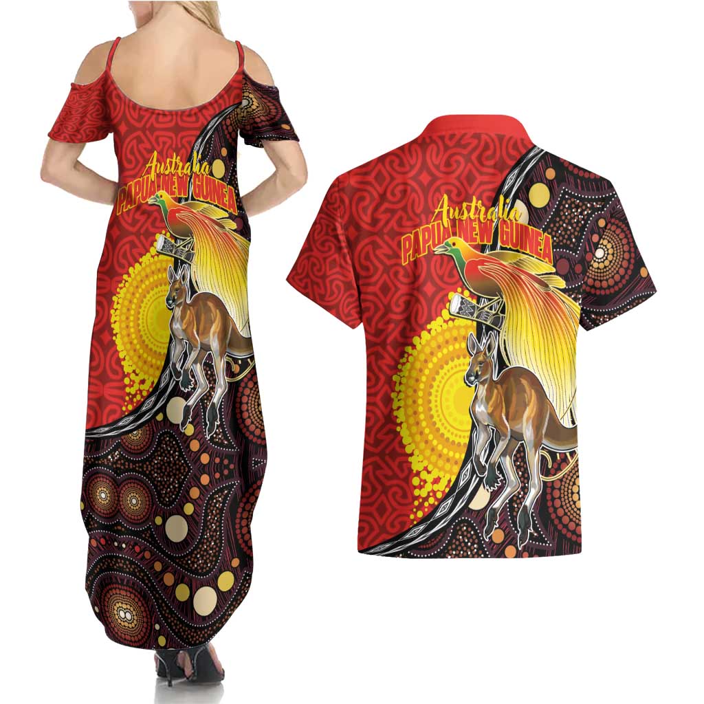 Australia and Papua New Guinea Together Couples Matching Summer Maxi Dress and Hawaiian Shirt Bird-of-paradise and Kangaroo with Oro Tapa and Aboriginal Art Motifs - Aussie Hoodie