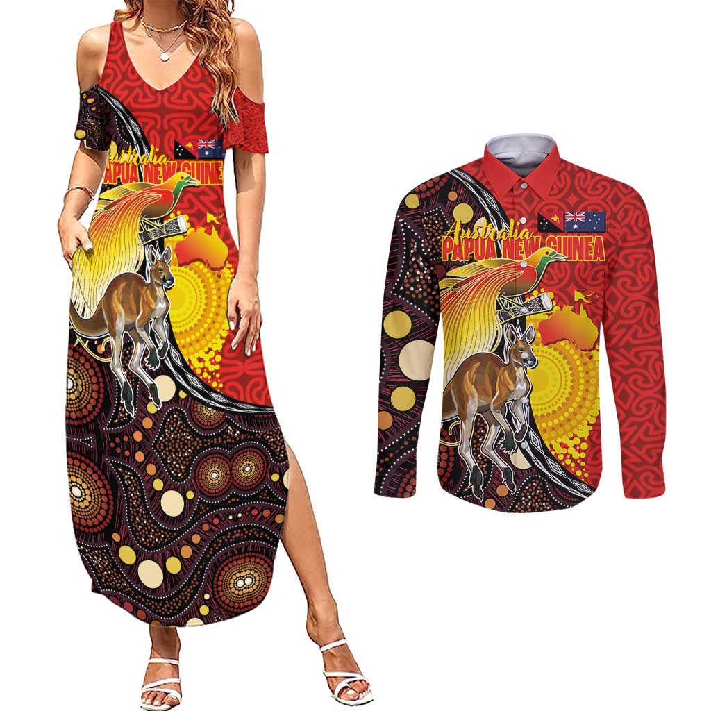 Australia and Papua New Guinea Together Couples Matching Summer Maxi Dress and Long Sleeve Button Shirt Bird-of-paradise and Kangaroo with Oro Tapa and Aboriginal Art Motifs - Aussie Hoodie