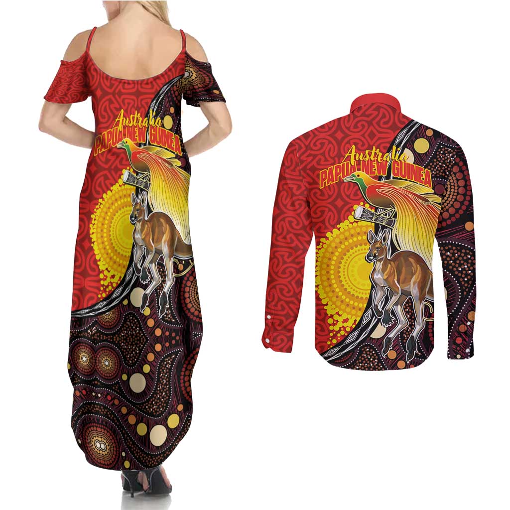 Australia and Papua New Guinea Together Couples Matching Summer Maxi Dress and Long Sleeve Button Shirt Bird-of-paradise and Kangaroo with Oro Tapa and Aboriginal Art Motifs - Aussie Hoodie