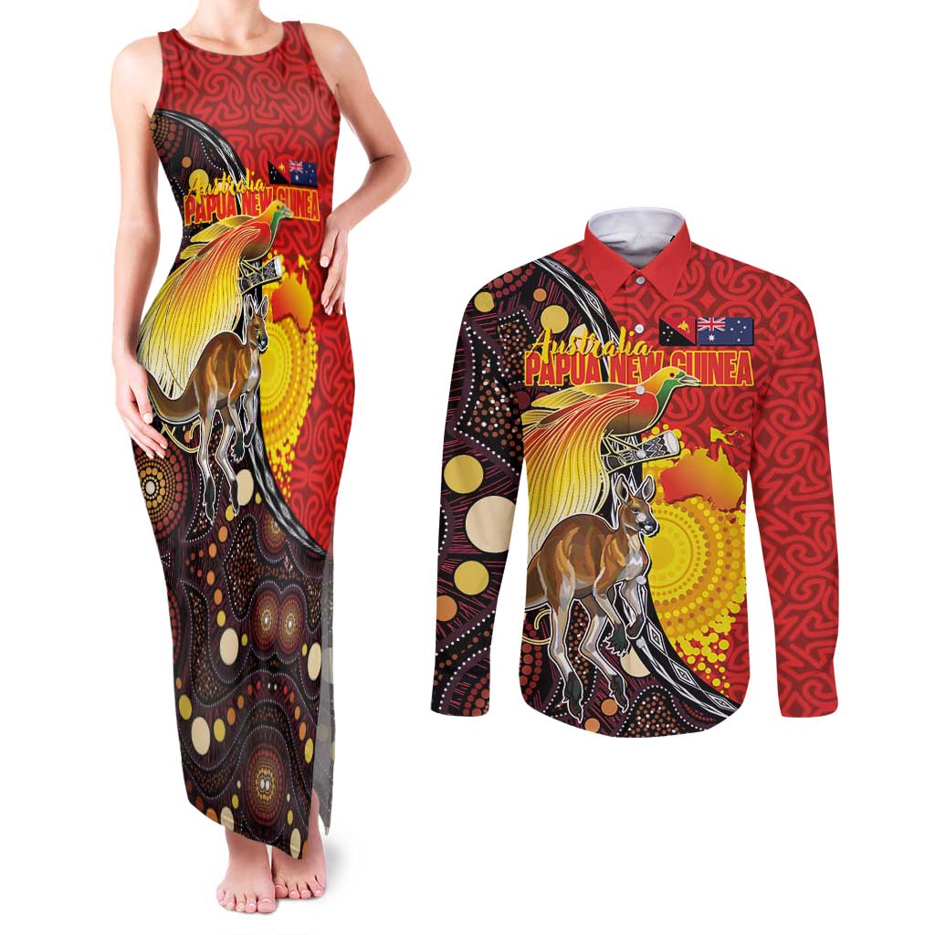 Australia and Papua New Guinea Together Couples Matching Tank Maxi Dress and Long Sleeve Button Shirt Bird-of-paradise and Kangaroo with Oro Tapa and Aboriginal Art Motifs - Aussie Hoodie