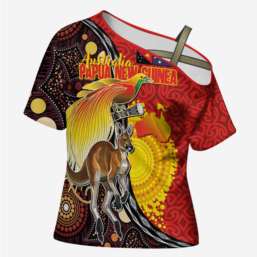 Australia and Papua New Guinea Together Cross Shoulder Shirt Bird-of-paradise and Kangaroo with Oro Tapa and Aboriginal Art Motifs - Aussie Hoodie