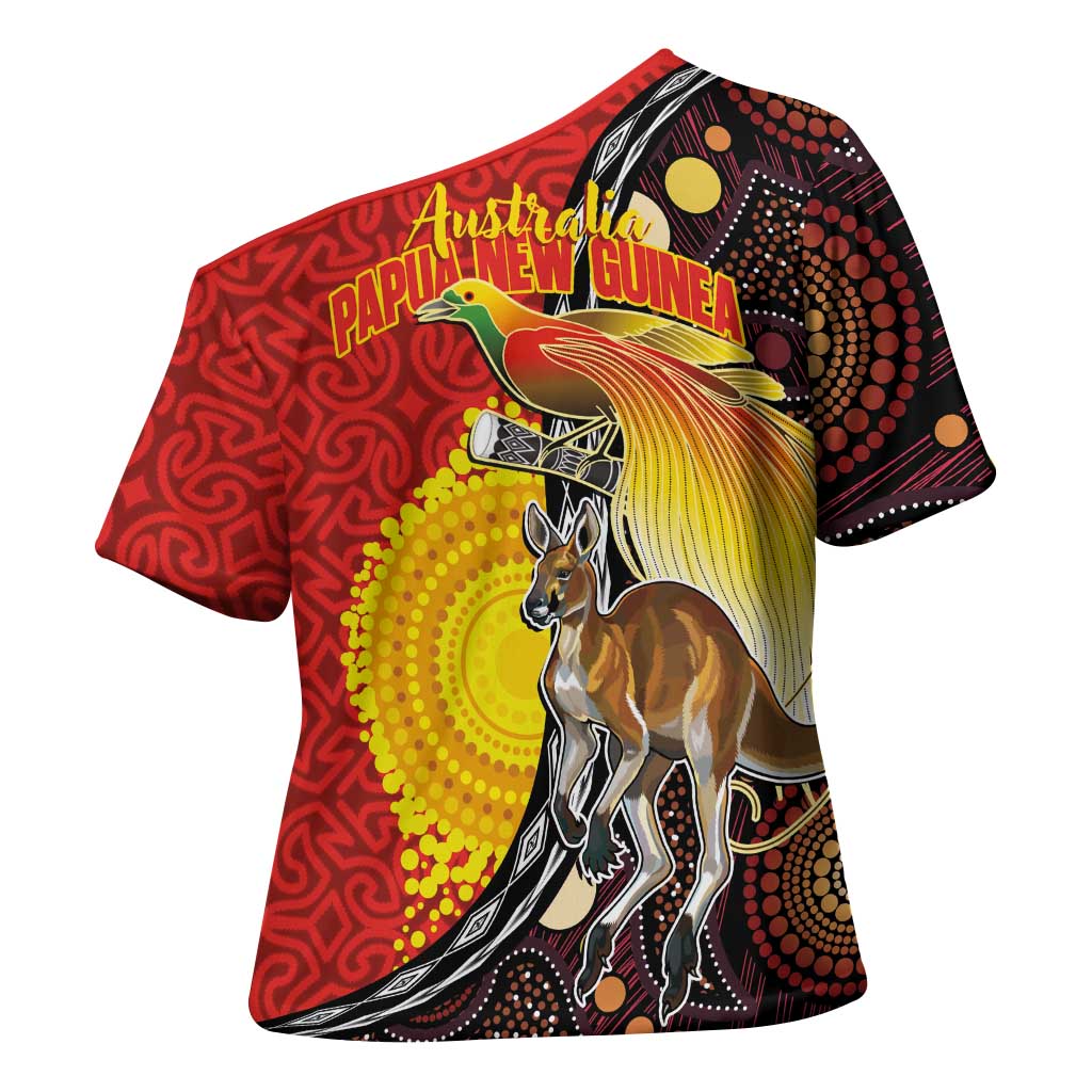 Australia and Papua New Guinea Together Cross Shoulder Shirt Bird-of-paradise and Kangaroo with Oro Tapa and Aboriginal Art Motifs - Aussie Hoodie