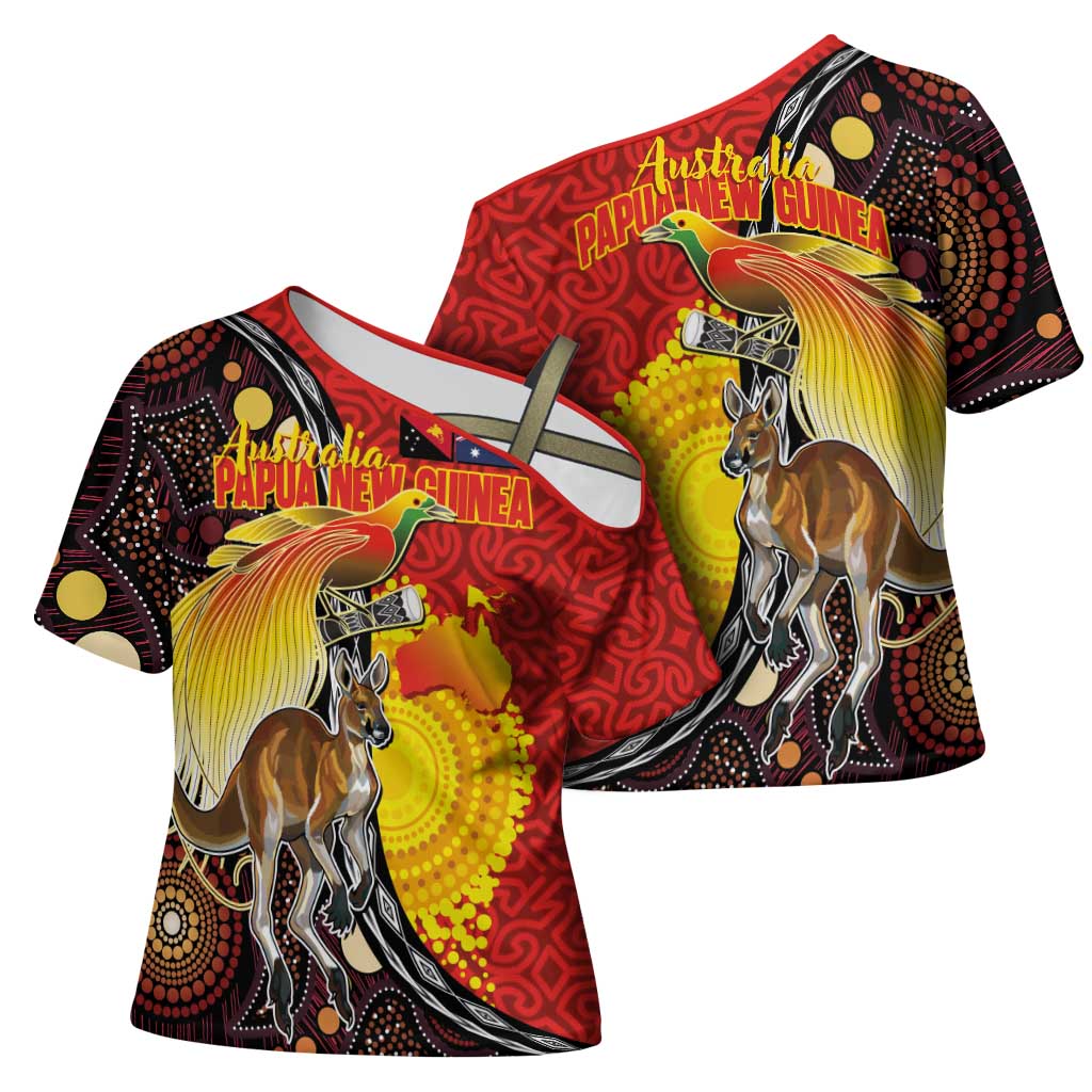 Australia and Papua New Guinea Together Cross Shoulder Shirt Bird-of-paradise and Kangaroo with Oro Tapa and Aboriginal Art Motifs - Aussie Hoodie