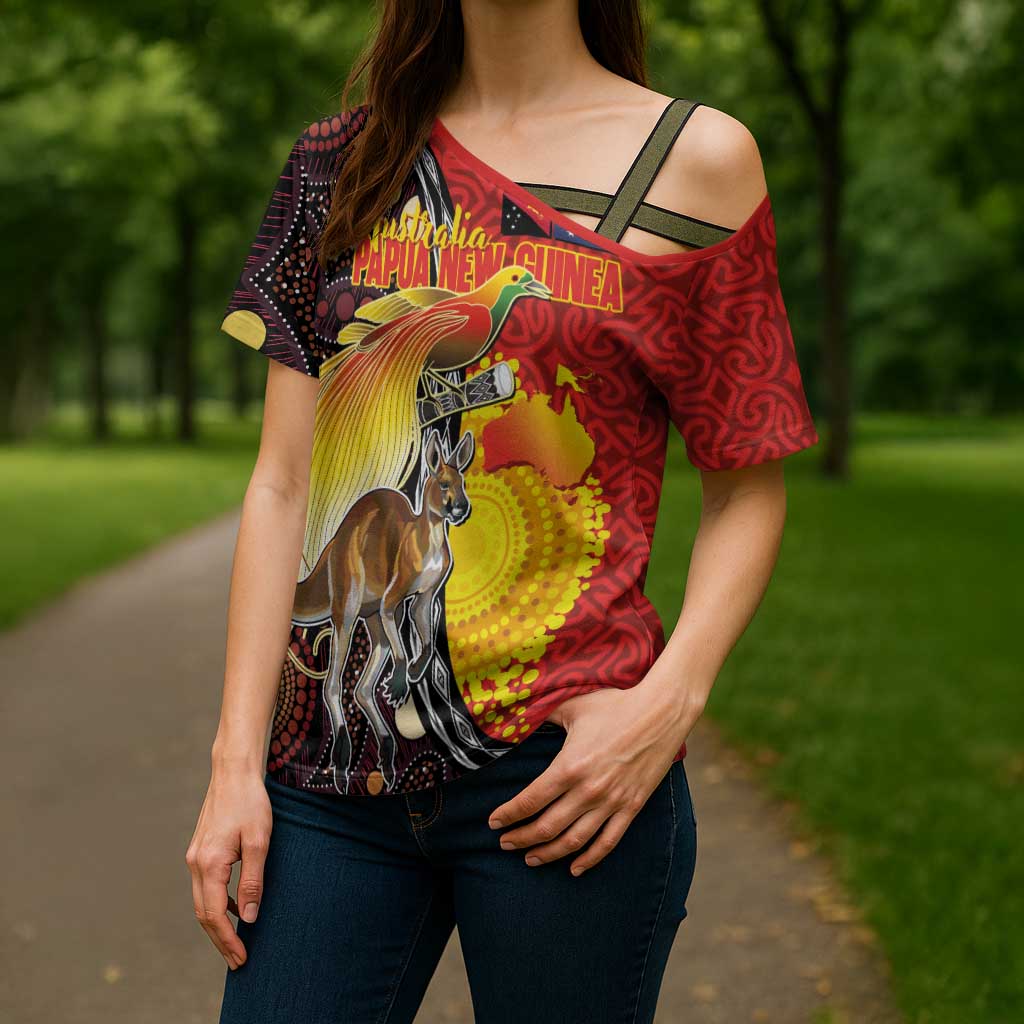 Australia and Papua New Guinea Together Cross Shoulder Shirt Bird-of-paradise and Kangaroo with Oro Tapa and Aboriginal Art Motifs - Aussie Hoodie