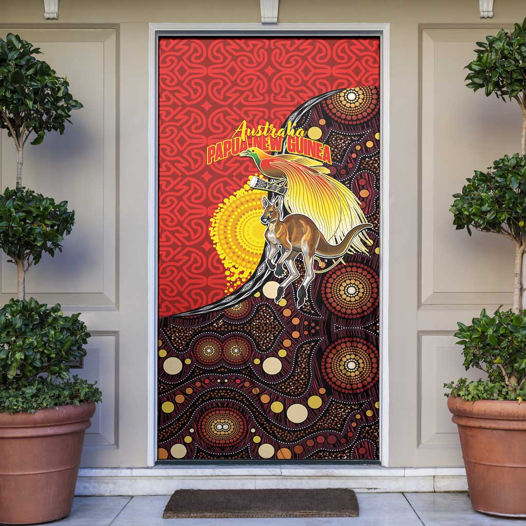 Australia and Papua New Guinea Together Door Cover Bird-of-paradise and Kangaroo with Oro Tapa and Aboriginal Art Motifs - Aussie Hoodie