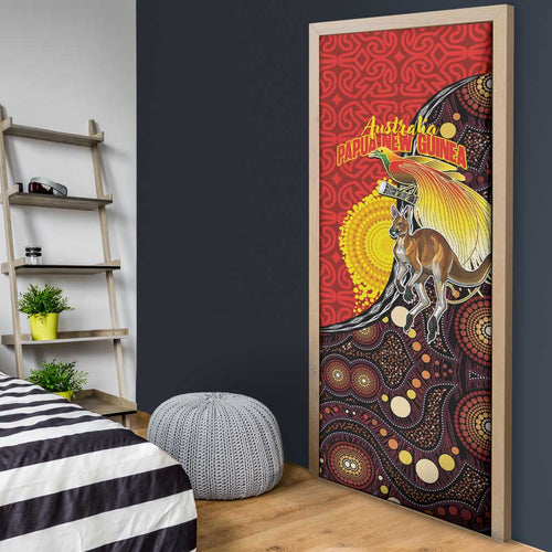 Australia and Papua New Guinea Together Door Cover Bird-of-paradise and Kangaroo with Oro Tapa and Aboriginal Art Motifs - Aussie Hoodie
