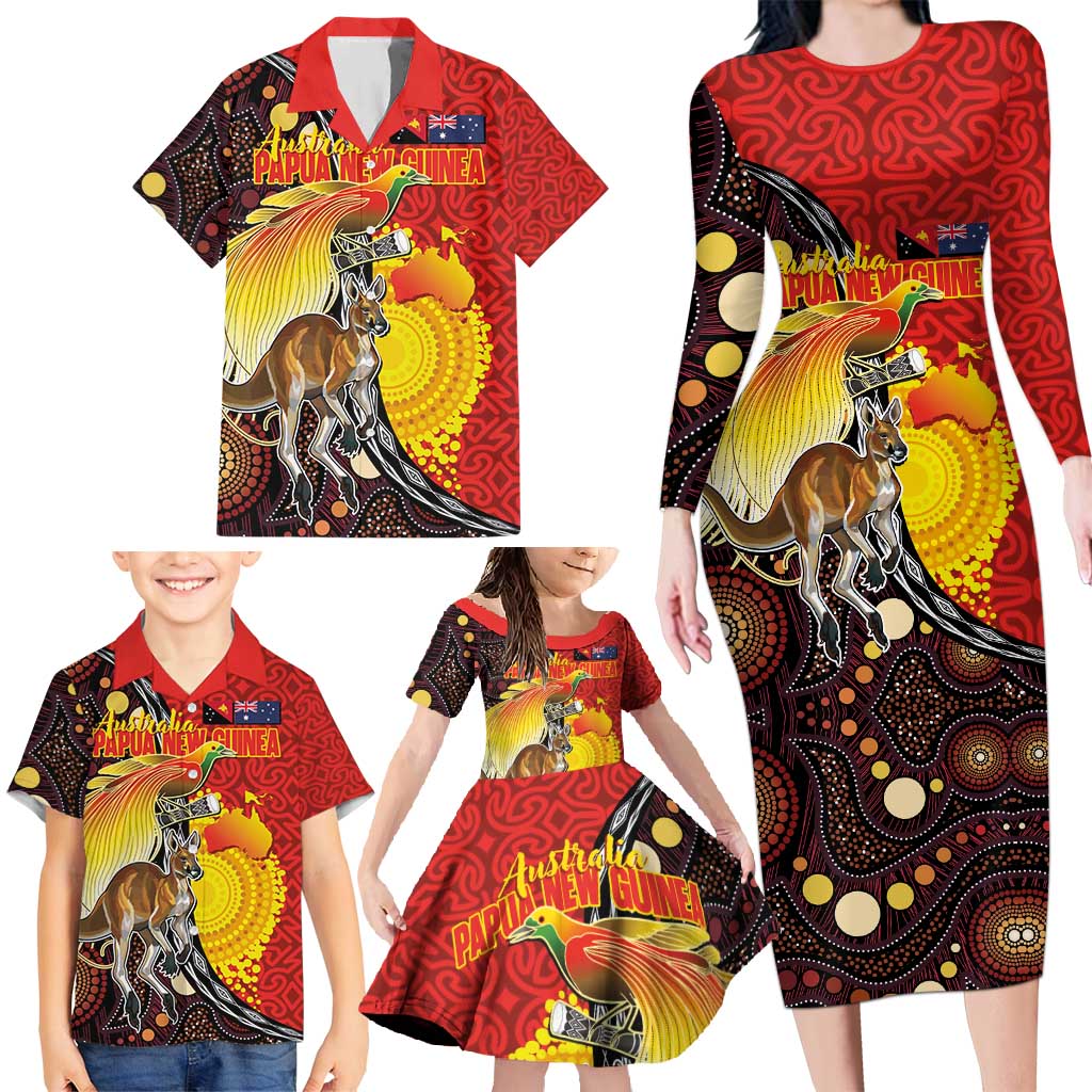 Australia and Papua New Guinea Together Family Matching Long Sleeve Bodycon Dress and Hawaiian Shirt Bird-of-paradise and Kangaroo with Oro Tapa and Aboriginal Art Motifs - Aussie Hoodie