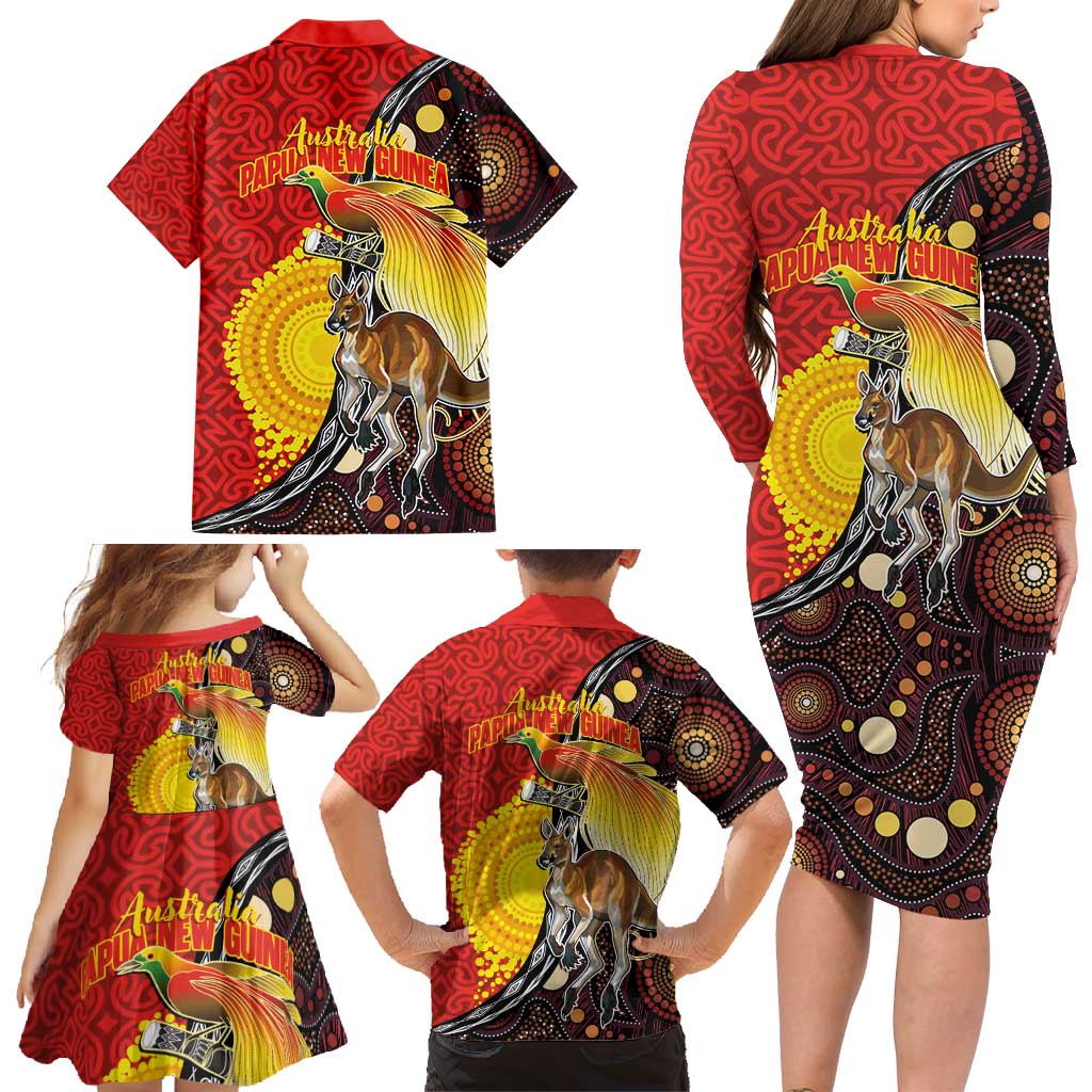 Australia and Papua New Guinea Together Family Matching Long Sleeve Bodycon Dress and Hawaiian Shirt Bird-of-paradise and Kangaroo with Oro Tapa and Aboriginal Art Motifs - Aussie Hoodie