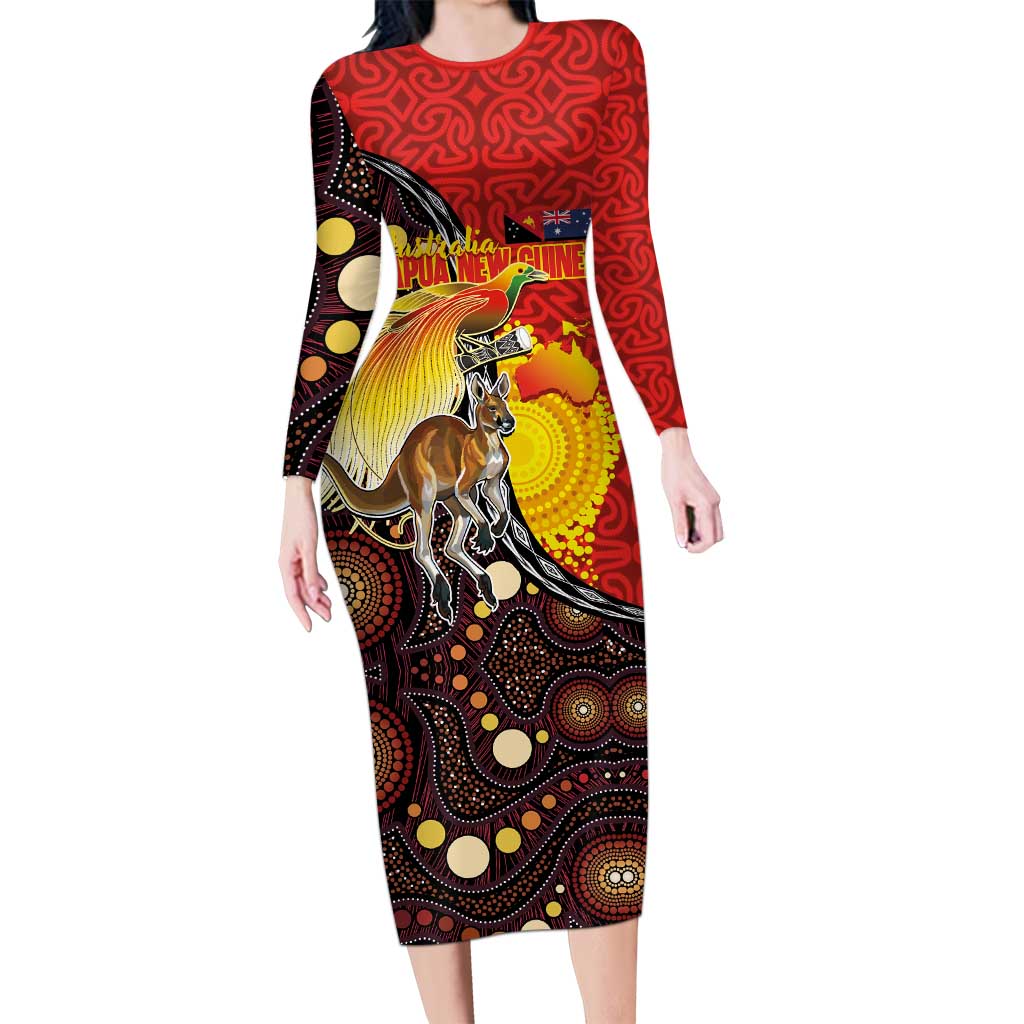 Australia and Papua New Guinea Together Family Matching Long Sleeve Bodycon Dress and Hawaiian Shirt Bird-of-paradise and Kangaroo with Oro Tapa and Aboriginal Art Motifs - Aussie Hoodie