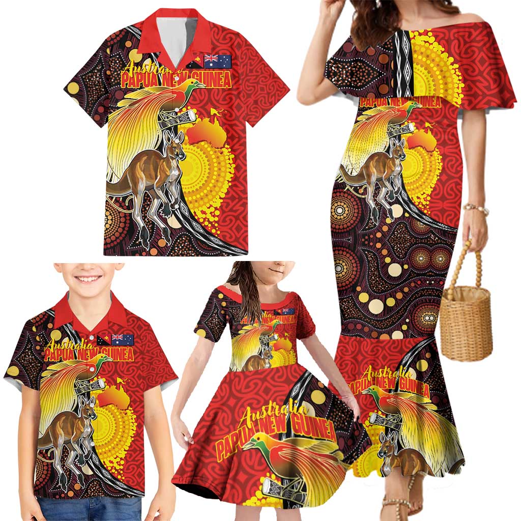 Australia and Papua New Guinea Together Family Matching Mermaid Dress and Hawaiian Shirt Bird-of-paradise and Kangaroo with Oro Tapa and Aboriginal Art Motifs - Aussie Hoodie