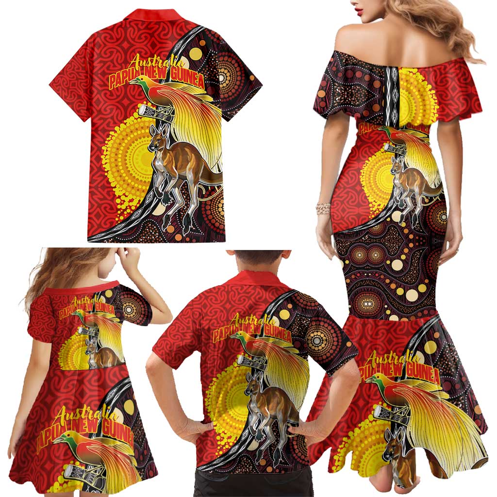 Australia and Papua New Guinea Together Family Matching Mermaid Dress and Hawaiian Shirt Bird-of-paradise and Kangaroo with Oro Tapa and Aboriginal Art Motifs - Aussie Hoodie