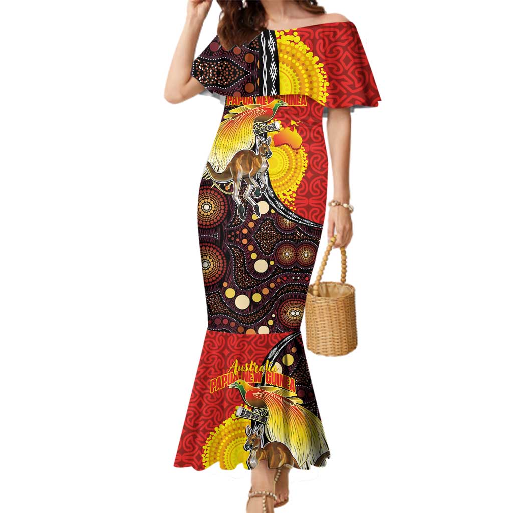 Australia and Papua New Guinea Together Family Matching Mermaid Dress and Hawaiian Shirt Bird-of-paradise and Kangaroo with Oro Tapa and Aboriginal Art Motifs - Aussie Hoodie