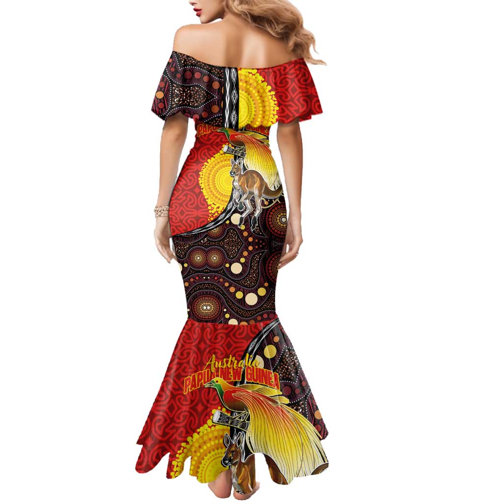 Australia and Papua New Guinea Together Family Matching Mermaid Dress and Hawaiian Shirt Bird-of-paradise and Kangaroo with Oro Tapa and Aboriginal Art Motifs - Aussie Hoodie