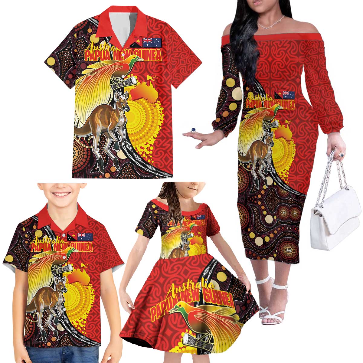 Australia and Papua New Guinea Together Family Matching Off The Shoulder Long Sleeve Dress and Hawaiian Shirt Bird-of-paradise and Kangaroo with Oro Tapa and Aboriginal Art Motifs - Aussie Hoodie