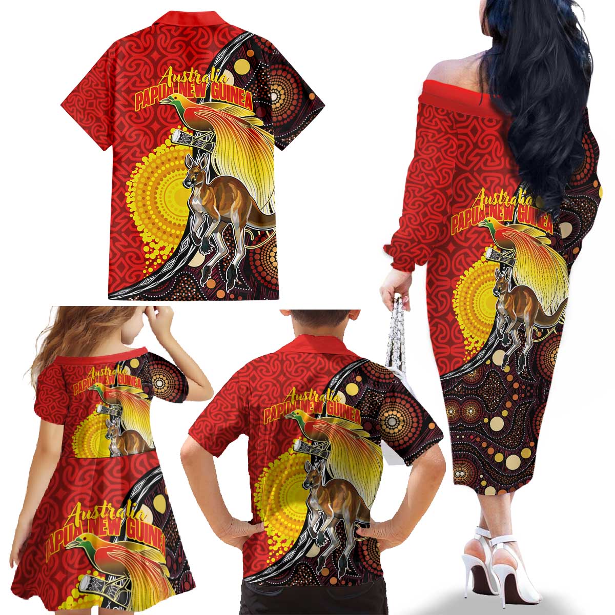 Australia and Papua New Guinea Together Family Matching Off The Shoulder Long Sleeve Dress and Hawaiian Shirt Bird-of-paradise and Kangaroo with Oro Tapa and Aboriginal Art Motifs - Aussie Hoodie