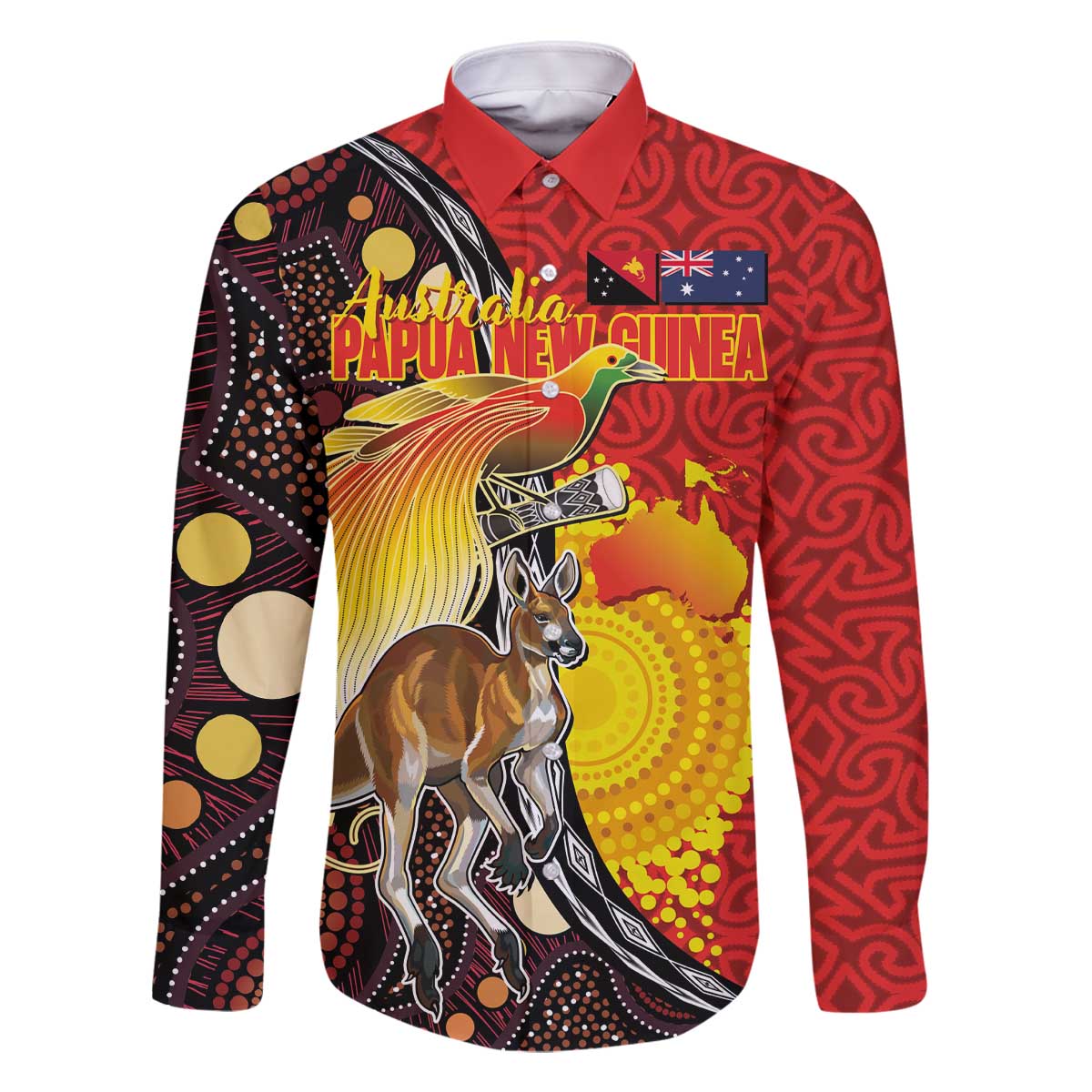 Australia and Papua New Guinea Together Family Matching Off The Shoulder Long Sleeve Dress and Hawaiian Shirt Bird-of-paradise and Kangaroo with Oro Tapa and Aboriginal Art Motifs - Aussie Hoodie