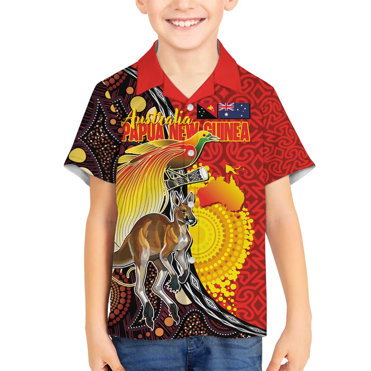 Australia and Papua New Guinea Together Family Matching Off The Shoulder Long Sleeve Dress and Hawaiian Shirt Bird-of-paradise and Kangaroo with Oro Tapa and Aboriginal Art Motifs - Aussie Hoodie