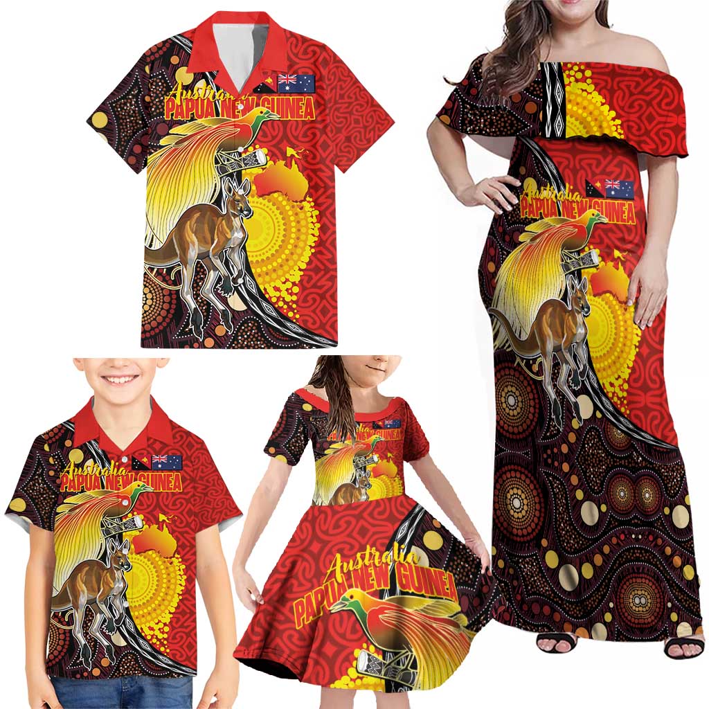 Australia and Papua New Guinea Together Family Matching Off Shoulder Maxi Dress and Hawaiian Shirt Bird-of-paradise and Kangaroo with Oro Tapa and Aboriginal Art Motifs - Aussie Hoodie